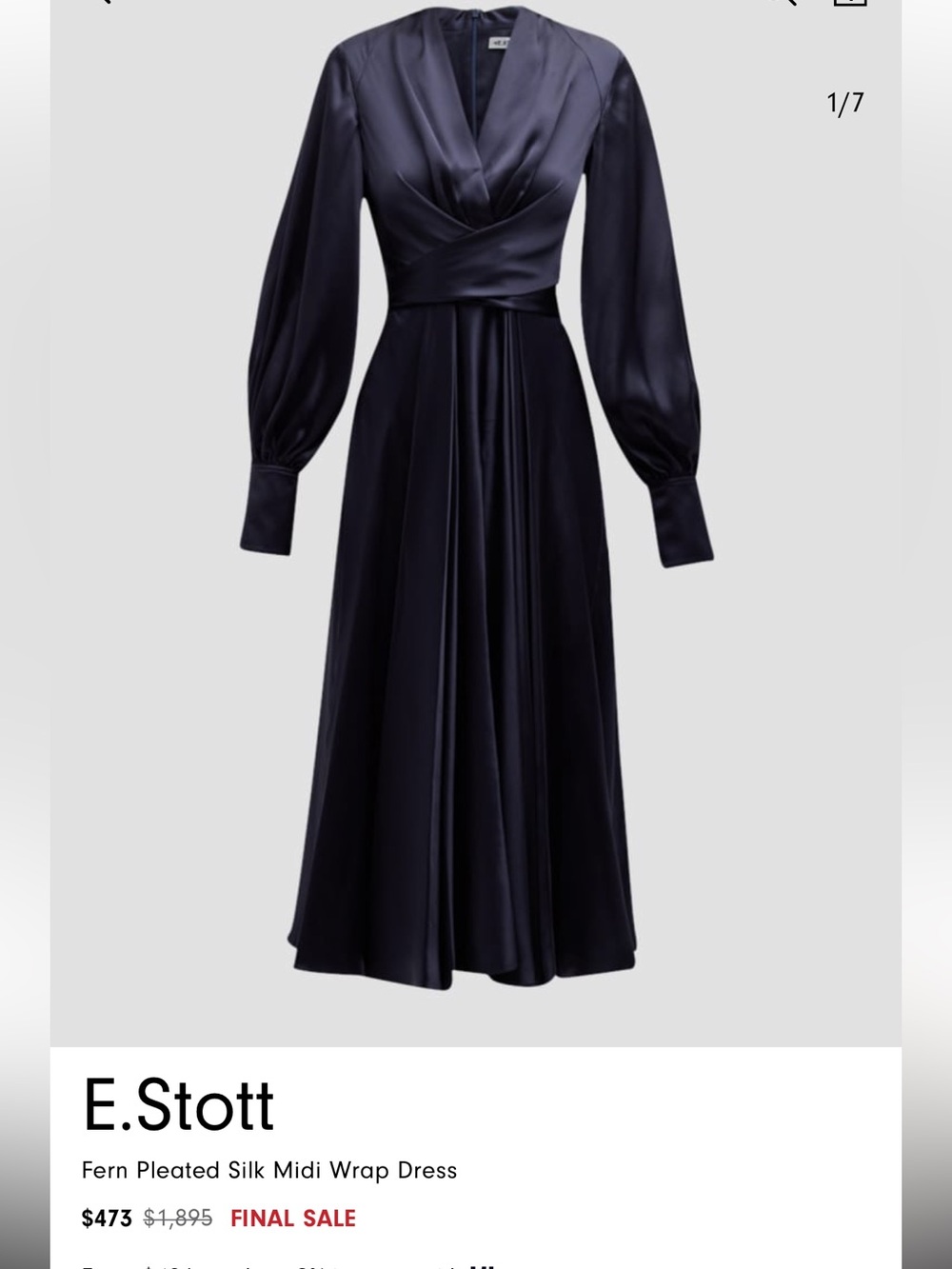 E. Stott Fern Navy Pleated Silk Midi Wrap Dress